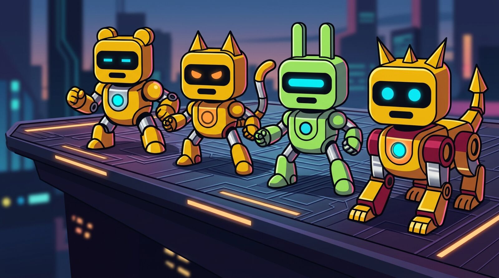 A pack of glowing mecha animals on a dark stage